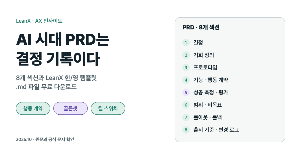 AI 시대 PRD는 '허락 문서'가 아니라 '결정 기록'입니다: 8개 섹션과 한/영 템플릿
